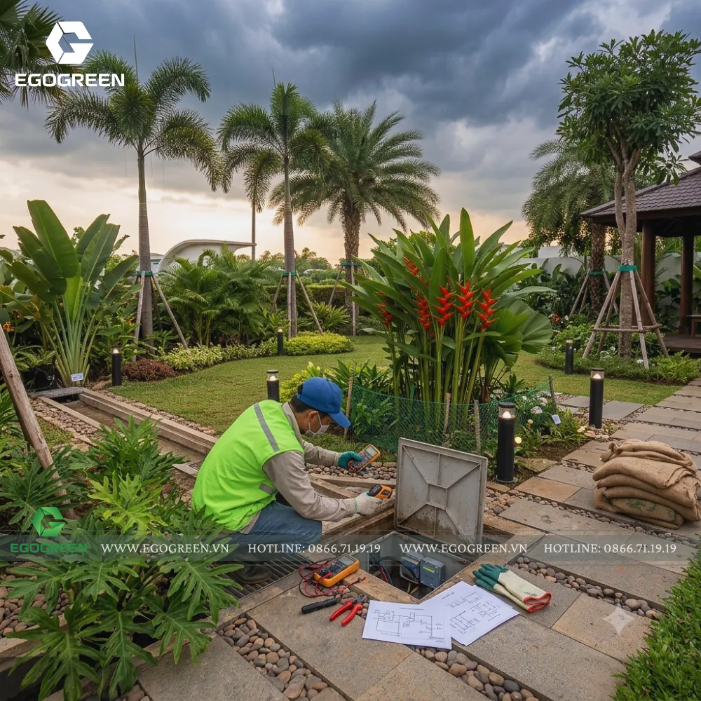 Kiểm tra hệ thống điện và đèn sân vườn trước mùa mưa.
